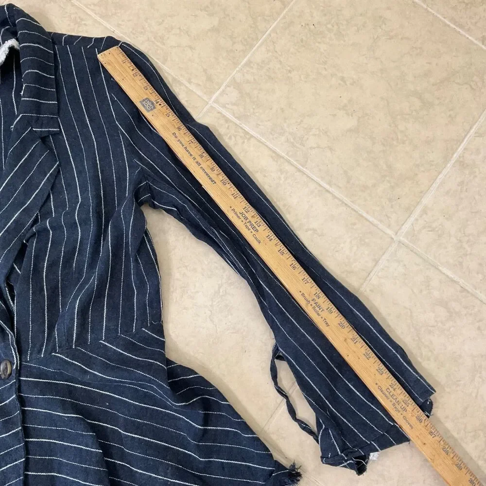 Free People Blazer Women's Large Blue Double Breasted stripes bell sleeves Flaws